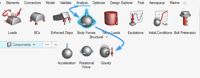 Altair HyperWorks yerçekimi (gravitiy) tanımlama paneli
