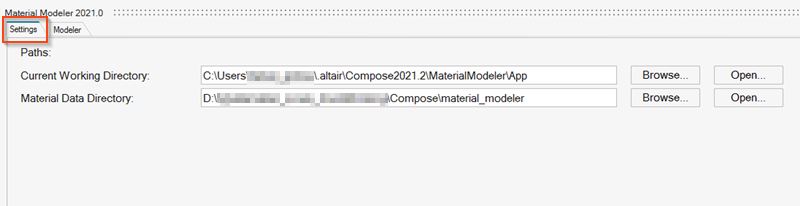 Altair Material Modeler çalışma klasörü seçimi